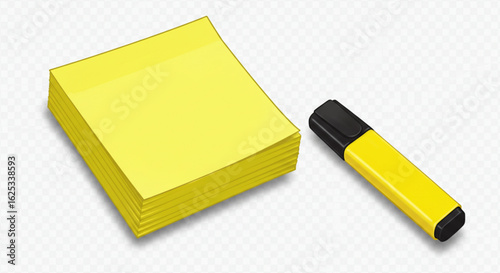 A stack of yellow sticky notes next to a yellow and black highlighter on a white surface in a studio vreated with genrated ai