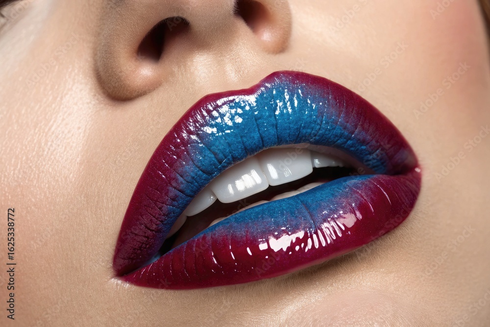 Fototapeta premium Woman's Lips With Blue and Red Glossy Lipstick