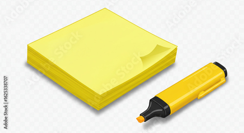 Stack of yellow sticky notes with one corner lifted and a yellow highlighter on a white background vreated with genrated ai