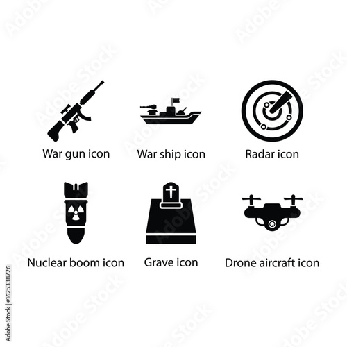 War gun, War ship, Radar, Nuclear boom, Grave, Drone aircraft, icon