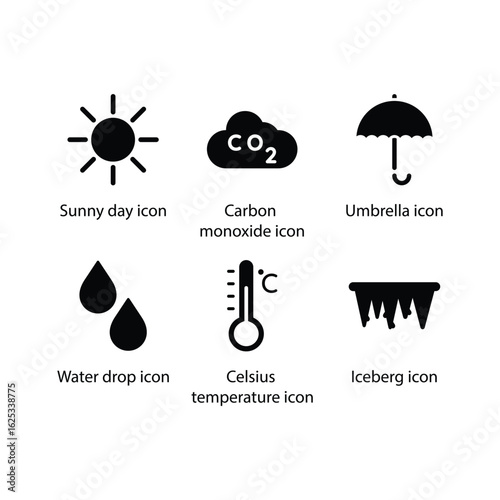 Sunny day, Carbon monoxide, Umbrella, Water drop, Celsius temperature, Iceberg, icon