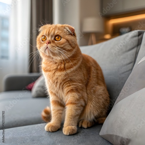 Wallpaper Mural Cute red scottish fold cat with orange eyes lying on grey textile sofa at home. Soft fluffy purebred short hair straight-eared kitty. Background, copy space, close up. Torontodigital.ca