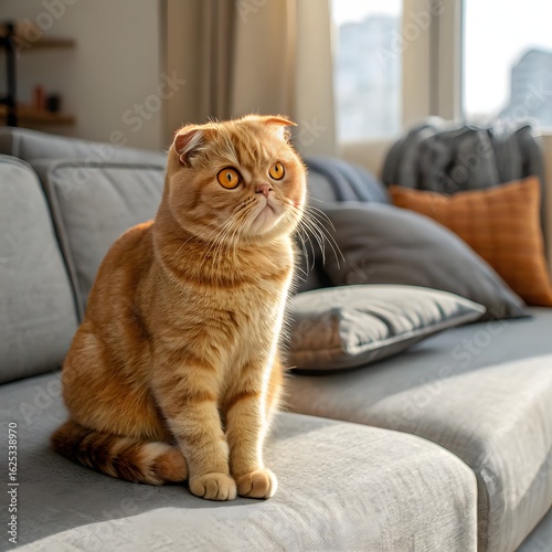 Wallpaper Mural Cute red scottish fold cat with orange eyes lying on grey textile sofa at home. Soft fluffy purebred short hair straight-eared kitty. Background, copy space, close up. Torontodigital.ca