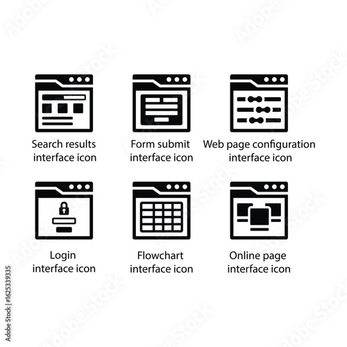 Search results, Form submit, Web page configuration, Login, Flowchart, Online page, icon