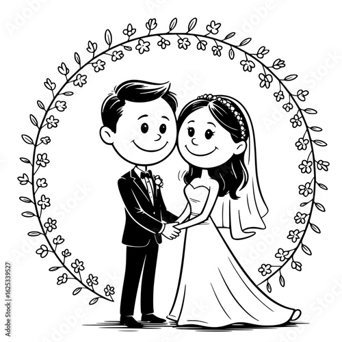 Eternal Bond: A sweet monochrome illustration shows a newlywed couple, captured inside a floral frame, their hands clasped in the most profound of promises.