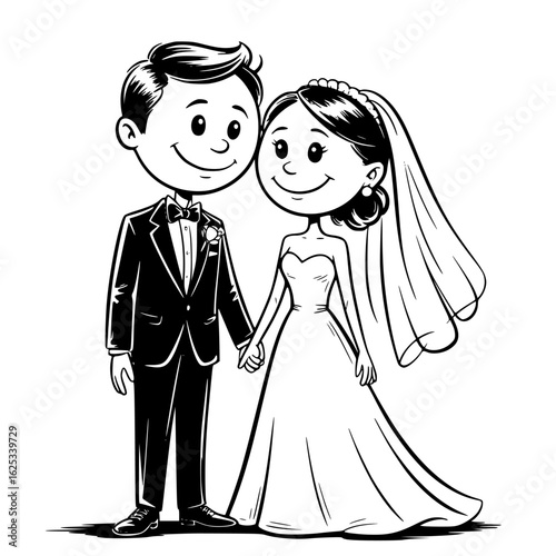 Monochrome Wedding Illustration: A tender embrace of a newly married couple, hand in hand. The image captures the joy and the love of marriage. 