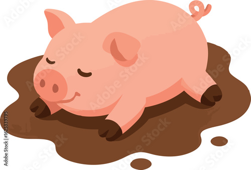 Isometric vector pig lying in mud puddle, short legs visible, vector-friendly, isolated on white