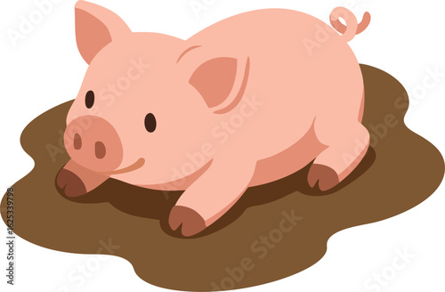 Isometric vector pig lying in mud puddle, short legs visible, vector-friendly, isolated on white