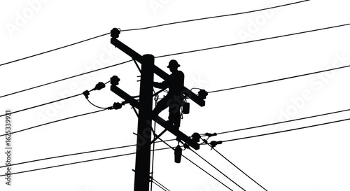 Silhouette vector illustration of a utility pole with multiple electric power lines and a transformer against a white background, representing telecommunications infrastructure.