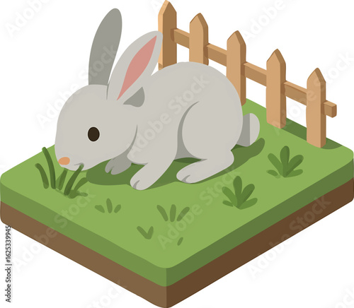 Isometric vector rabbit in small fenced garden nibbling on grass, vector-friendly, isolated on white