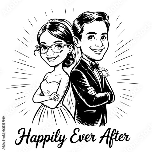 Happily Ever After Portrait: A beautifully drawn illustration of a couple stands back-to-back, symbolizing everlasting love and the beginning of a new chapter together.