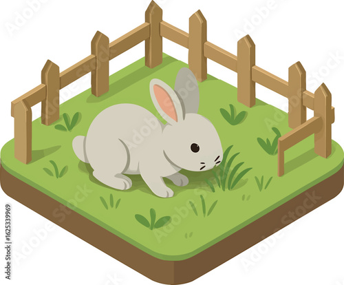 Isometric vector rabbit in small fenced garden nibbling on grass, vector-friendly, isolated on white