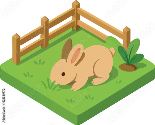 Isometric vector rabbit in small fenced garden nibbling on grass, vector-friendly, isolated on white