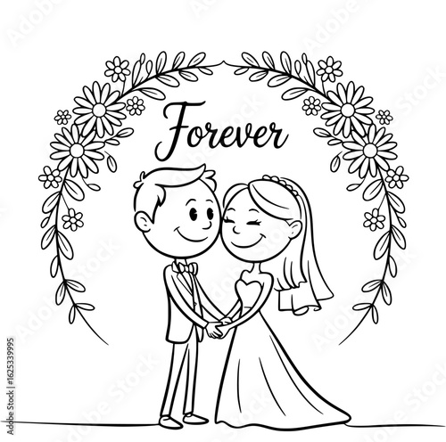 Eternal Bond: A heartwarming illustration depicts a couple, hand in hand under a floral arch, symbolizing a forever commitment of their love.