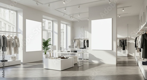 Modern clothing store interior design with blank posters for advertising and product display mockup space