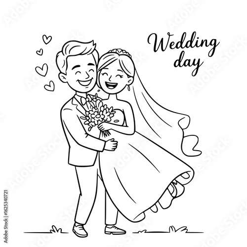 Wedding Bliss: A joyful couple embraces, radiating happiness on their special day, amidst a charming, hand-drawn celebration of love.