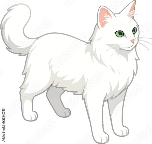 Isometric vector turkish angora with pure white coat and long elegant body, standing pose, vector-friendly, isolated on white