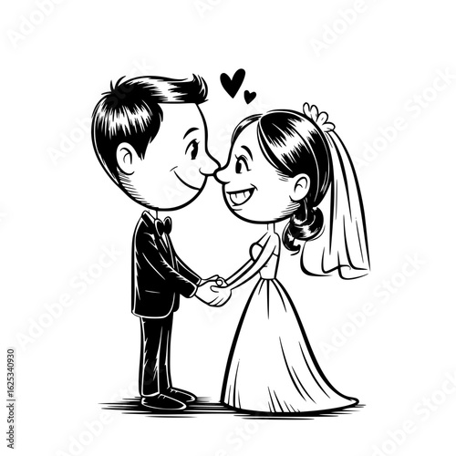 Wedding Bliss Illustration: A heartwarming black and white illustration captures a couple's joy, depicting their love on their special day, celebrating a union filled with dreams.