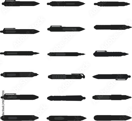 Vector Silhouette Collection of Tactical Pens for Self-Defense, Security, and Survival, Various Modern and Robust EDC (Everyday Carry) Writing Tools, Isolated on White Background.
