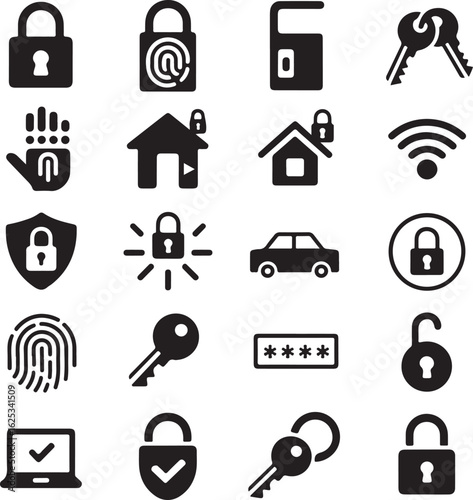 Security icons set featuring locks keys authentication and biometric identification for protection and access control systems