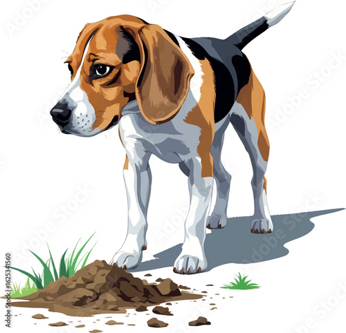Isometric vector beagle sniffing ground with floppy ears, tracking posture, vector-friendly, isolated on white