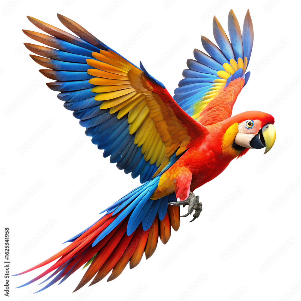 Obraz premium Vibrant scarlet macaw parrot in midflight, showcasing its stunning plumage isolated on transparent background, a captivating display of natures beauty and avian grace