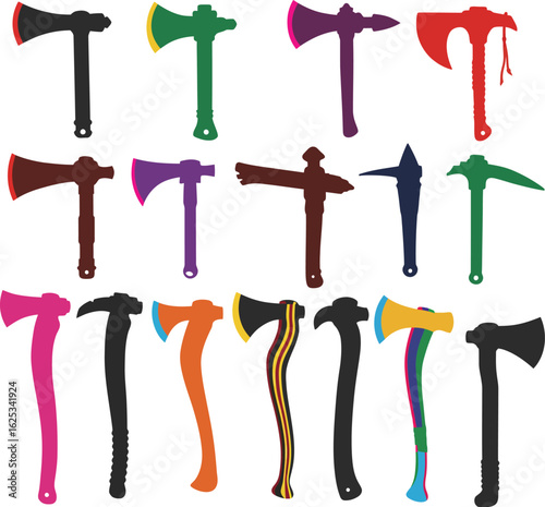 Colorful Vector Illustration Collection of Tomahawks, Hatchets, and Axes, Featuring a Variety of Modern and Traditional Designs for Survival, Outdoor Use, and Native American Culture in a Flat Style.