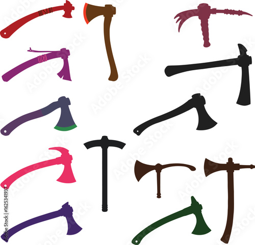 Colorful Vector Illustration Collection of Tomahawks, Hatchets, and Axes, Featuring a Variety of Modern and Traditional Designs for Survival, Outdoor Use, and Native American Culture in a Flat Style.