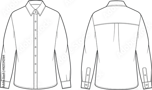Long-sleeve shirt CAD, button-up front, collar, cuff buttons, back yoke, technical sketch, front and back views, garment illustration