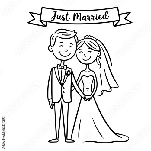 Just Married : A heartwarming black and white cartoon of a newlywed couple stands together, symbolizing their enduring love and commitment as they begin their shared journey.