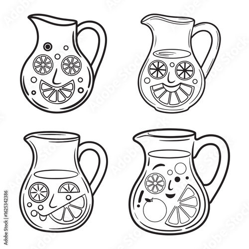 Four Cartoon Lemonade Pitchers with Fruit Faces Keywords: lemonade, pitcher, jug, drink