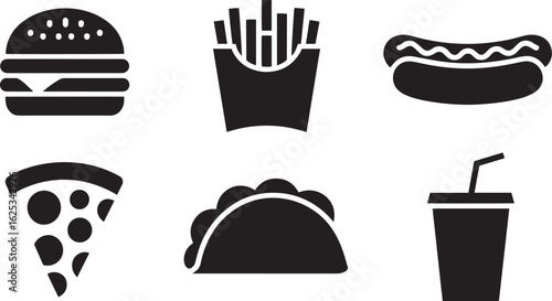 Fast Food Icons Set Burger Fries Hotdog Pizza Taco Soda Vector Illustration Isolated