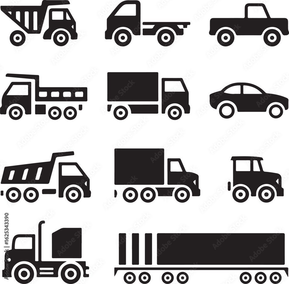 Collection of truck car and heavy machinery illustrations representing transportation logistics and different vehicle types for construction and delivery services