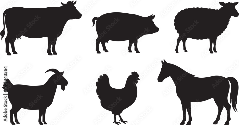 Fototapeta premium Silhouette Farm Animals Vector Illustration Set Featuring Cow, Pig, Sheep, Goat, Chicken, Horse