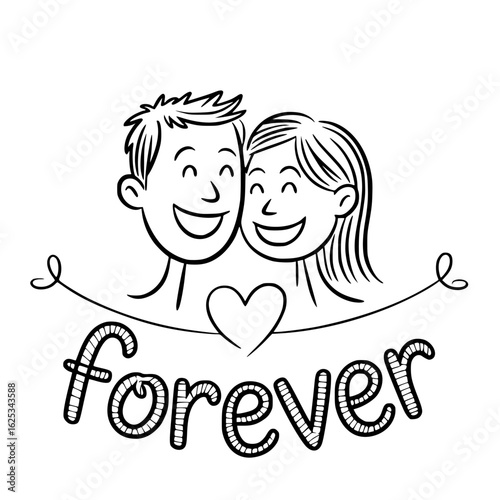 Love's Eternal Embrace: A heartwarming sketch depicting a smiling couple, their heads close together, united by the word forever and a shared heart.