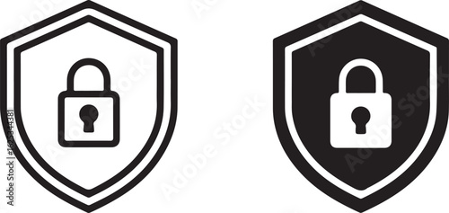 Security shield icon set displaying data protection and privacy with white and black variations for graphic design elements