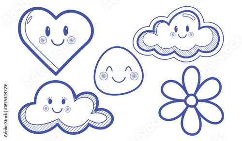 Doodle nuvens smile coracao icon set cute cloud and heart art for scrapbook and sticker design