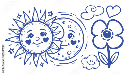 Hand-drawn nuvens smile heart set cartoon doodle icons for scrapbooking and cute artwork use