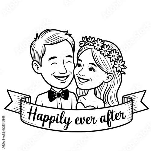 Romantic Wedding Couple: A sweet illustrated couple, the groom and bride in love and anticipation of a blissful journey.  Symbolizing the start of a Happily Ever After.