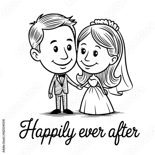 Wedding Cartoon with Happily ever after:A whimsical cartoon illustration captures the essence of happily ever after,depicting a charming bride and groom united in love.