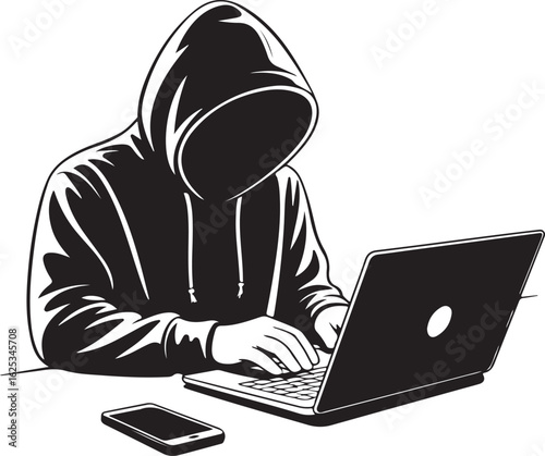Anonymous Hacker in Hoodie Using Laptop for Cybersecurity and Internet Crime Conspiracy in Dark Silhouette with Mobile Phone