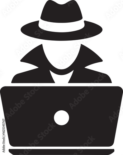 Anonymous hacker using laptop for cybercrime activity with a fedora hat and trench coat in a dark and minimalistic design
