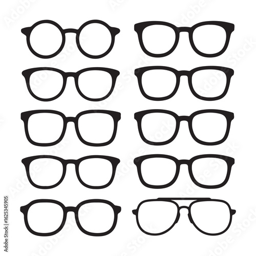 Ten black eyeglass and spectacle silhouettes on white