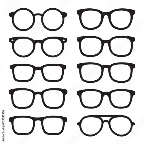 Ten black eyeglass and spectacle silhouettes on white