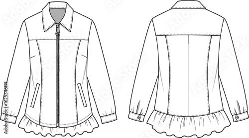 Fashionable women's ruffle hem jacket, trendy outerwear, zipper front design, stylish collar, casual fit, detailed stitching, must-have wardrobe essential