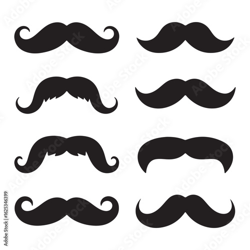 Collection of eight black mustache silhouettes on white