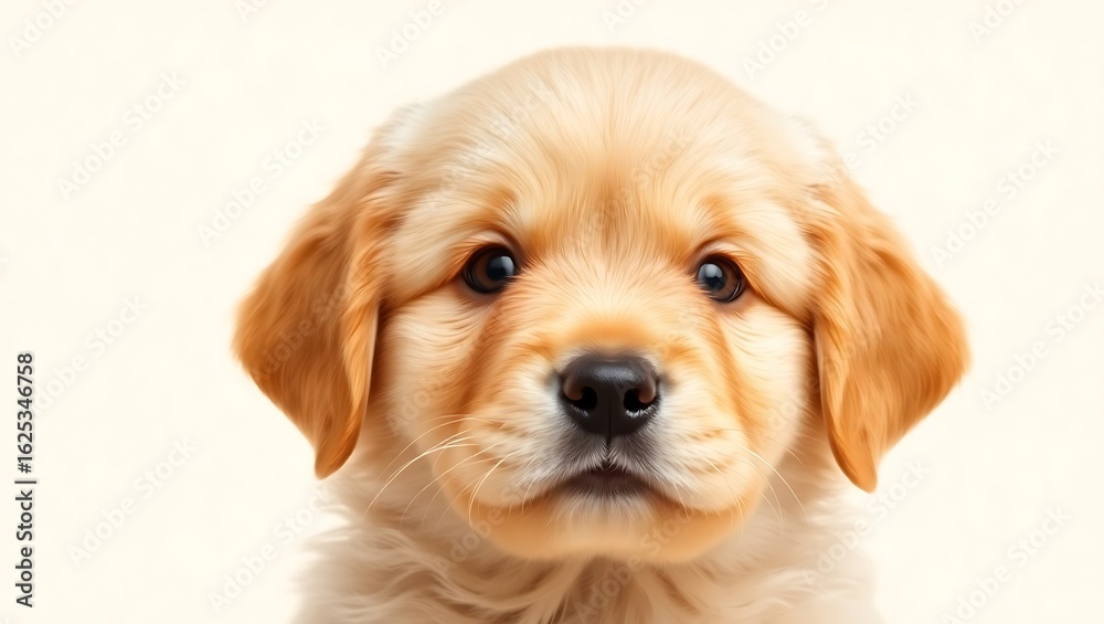Close up of a golden retriever puppy with a light background looking directly at the camera lens Close up of a golden retriever puppy with a light background looking directly at the camera lens