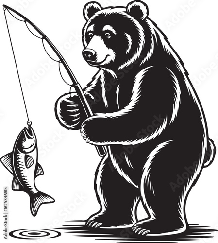Black bear fishing with caught fish reel