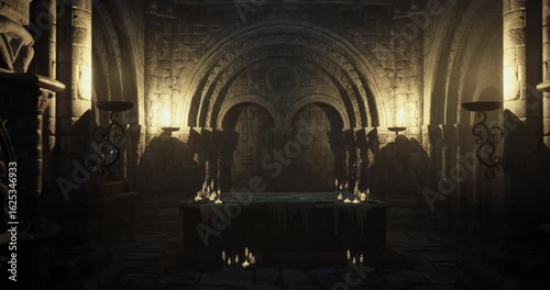 Wallpaper Mural A dimly lit stone chamber features tall, arched windows and flickering candles illuminating the cold walls. The atmosphere suggests history, mystery, and secrets long buried. Torontodigital.ca