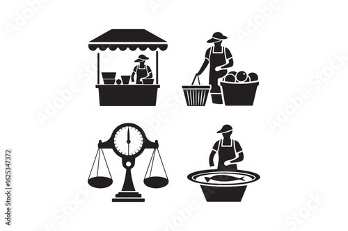 Farmers market icons featuring vendors scales and produce
